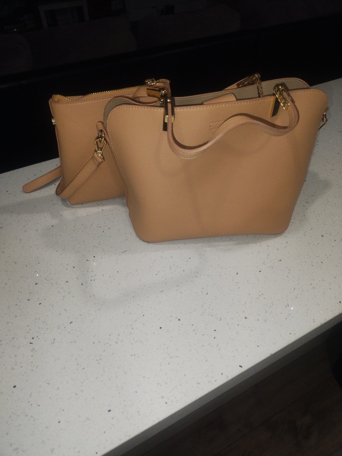 Women’s Beige Satchel Top Handle Bag, Zip/Magnetic, Detachable Strap, Pouch