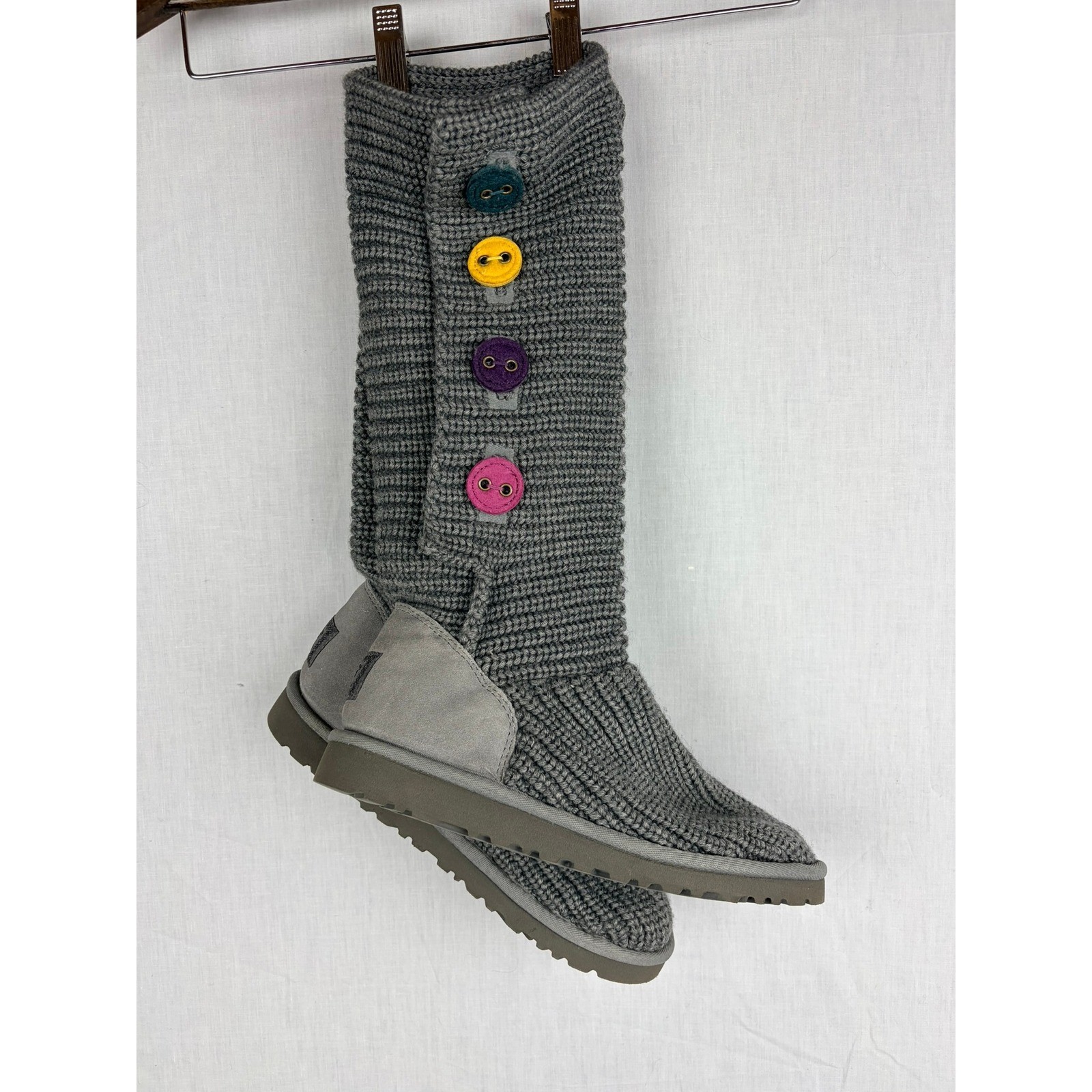UGG Australia Womens 6 Grey Knit Tall Colorful Buttons Suede Flat Grey Boots