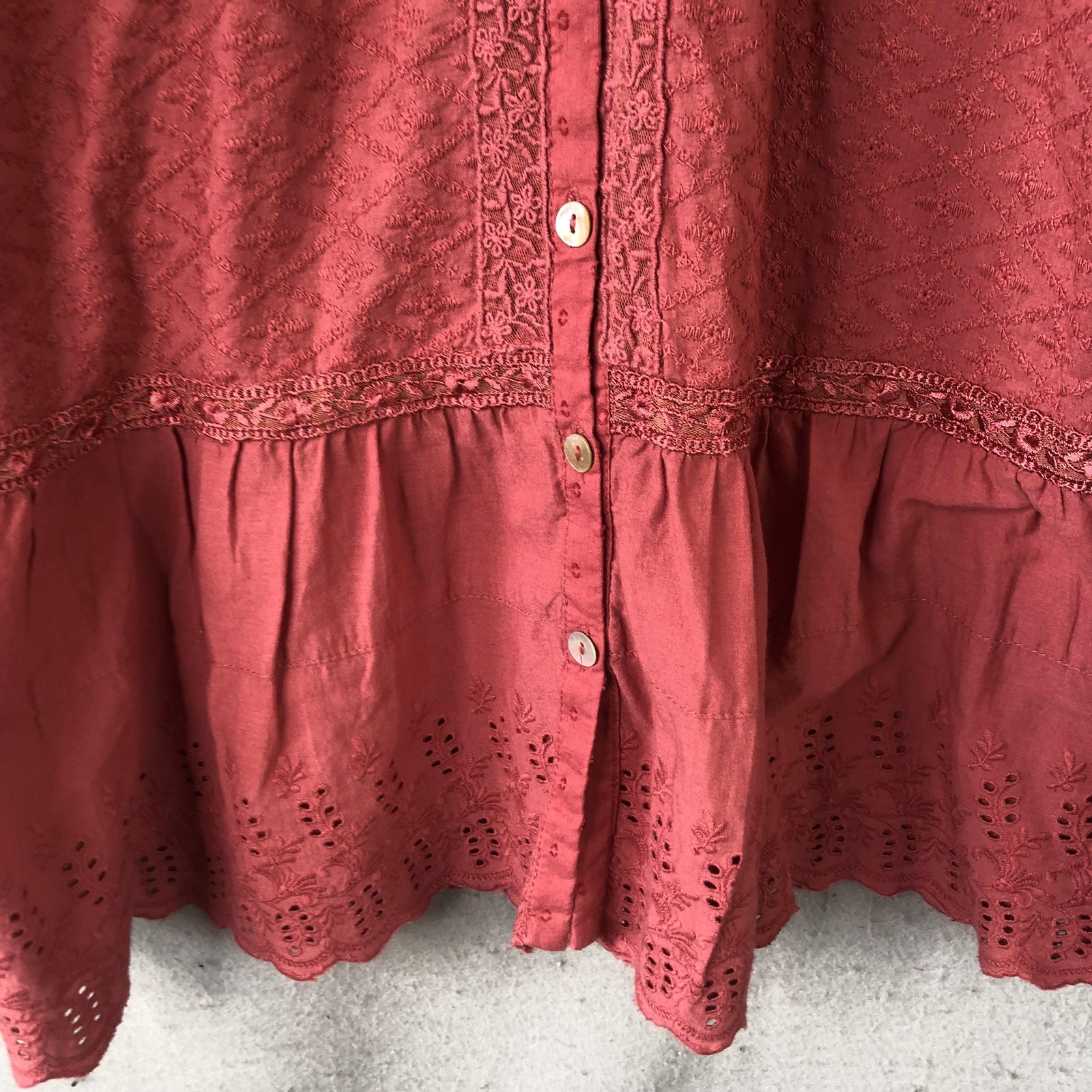 LOGO Lavish Top Womens M Pink Embroidered Feminine Boho Eyelet Peplum Festival