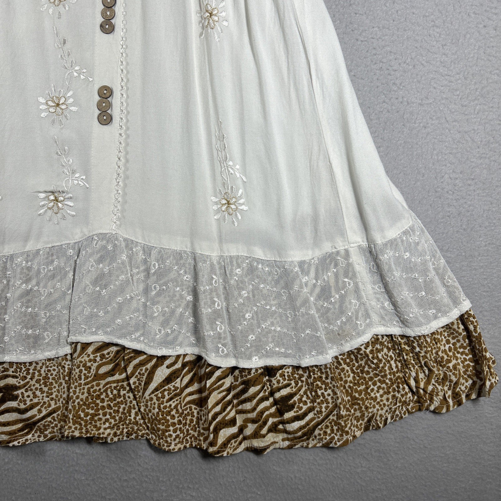Raya Sun Women’s Size XL Boho Embroidered Sundress Lace Trim Hand Wash Beige 38”