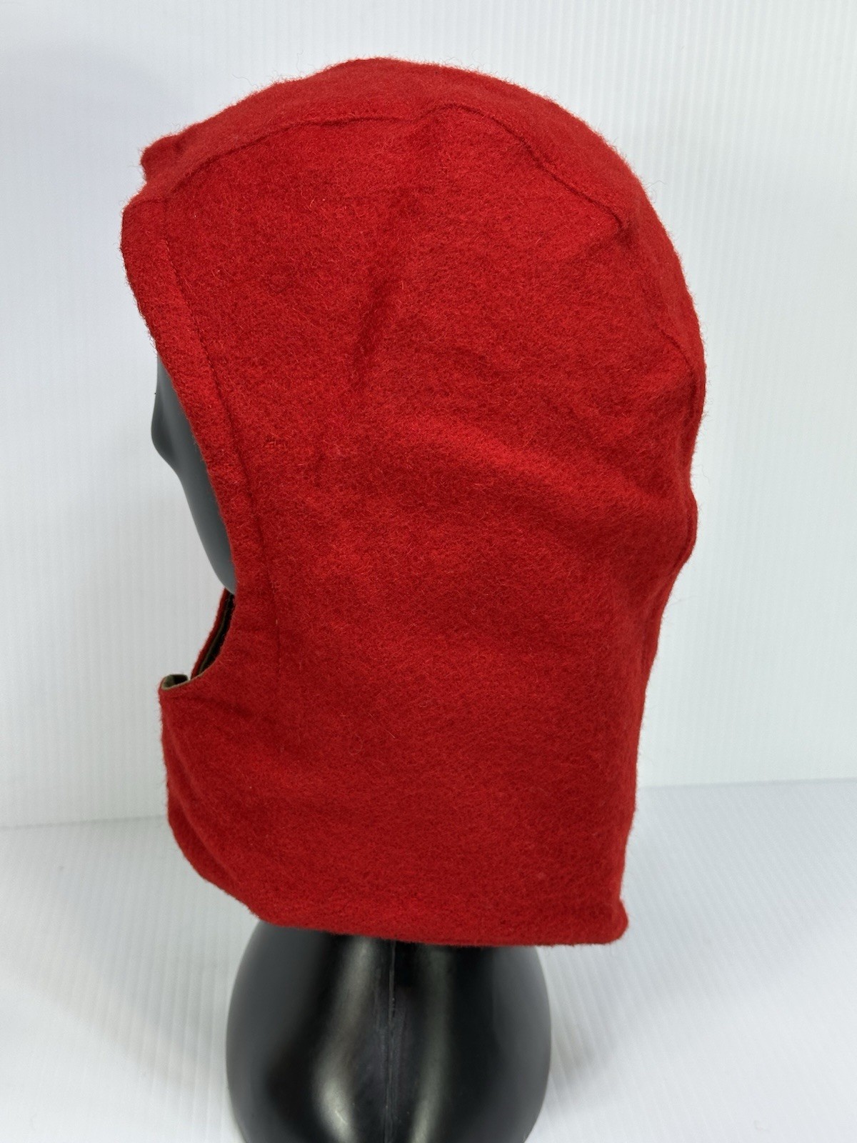 Vintage Button On Winter Hood With Drawstring Tie Green Red Fiber Lining