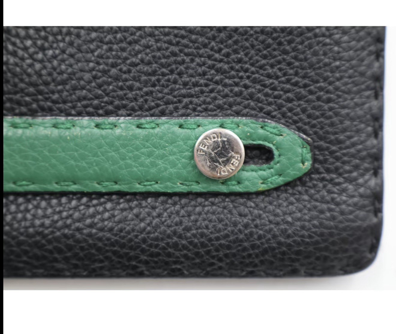 Authentic Fendi Selleria Leather Zip Pouch Clutch Black Green Wristlet Italy