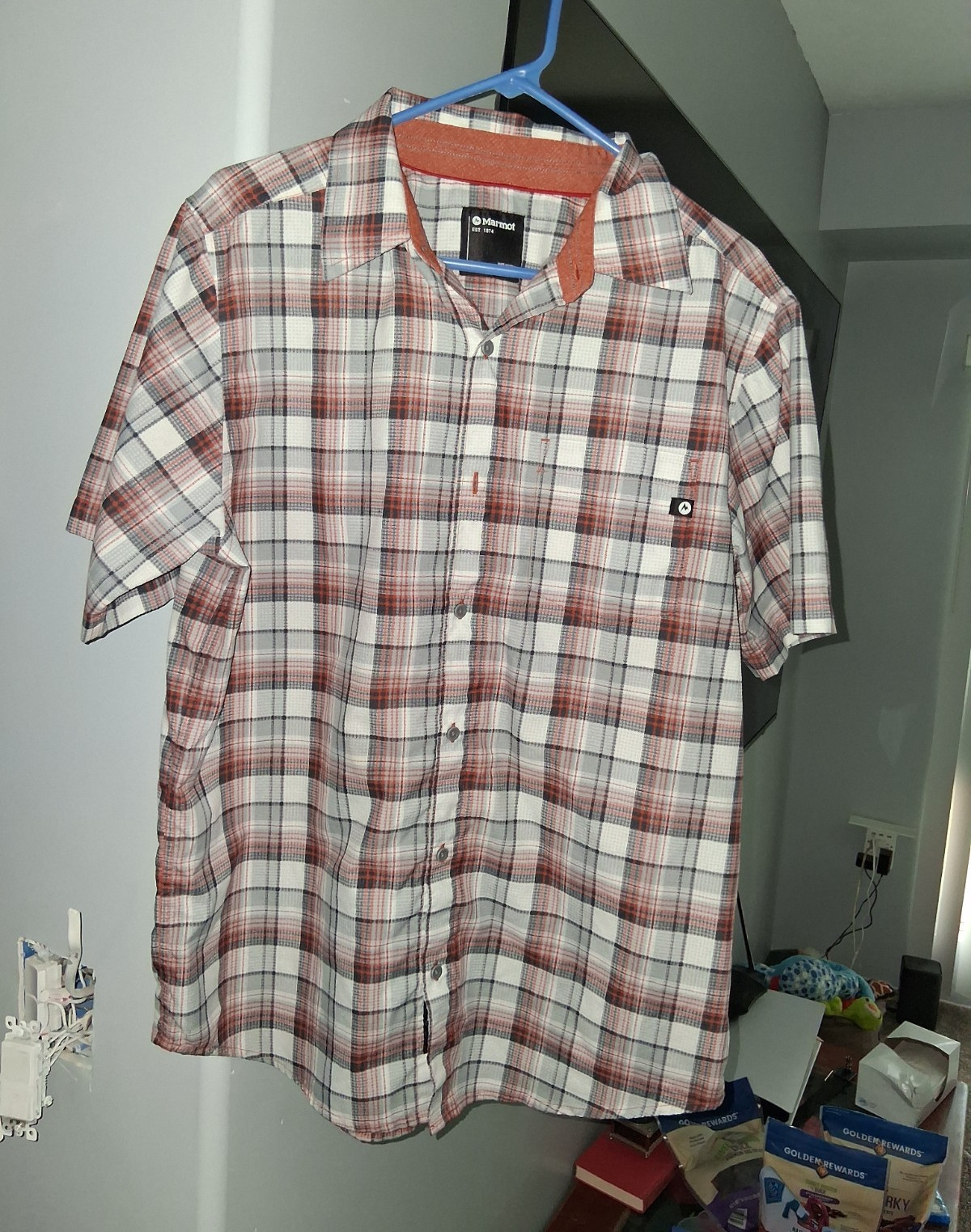 Marmot Men’s Plaid Short Sleeve Button-Up Shirt L/G Gray Orange White Woven
