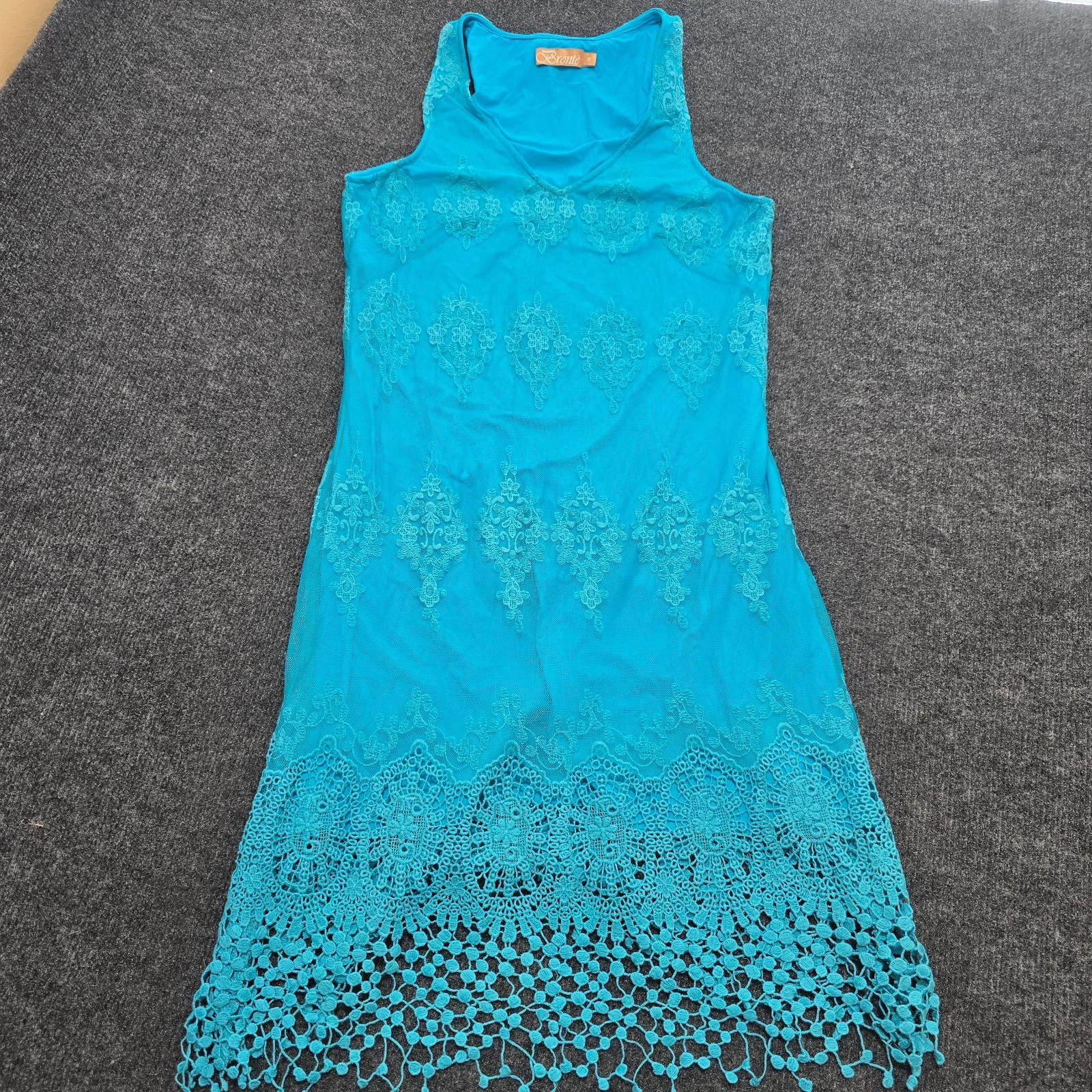 Brontë Turquoise Lace Dress Women’s Small Sleeveless Lined Scalloped Hem Boho Su