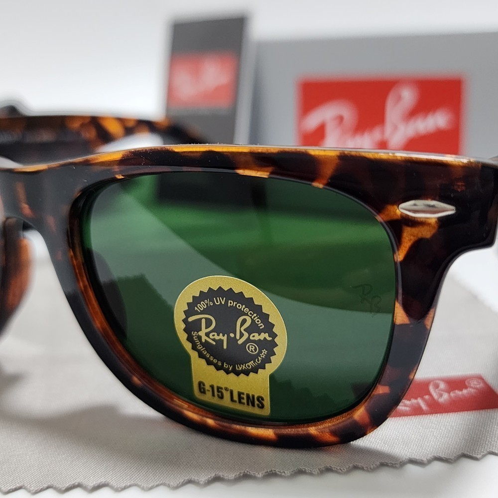 Ray-Ban RB2140 Wayfarer Classic Sunglasses Tortoise Brown Frame Glass Green Lens