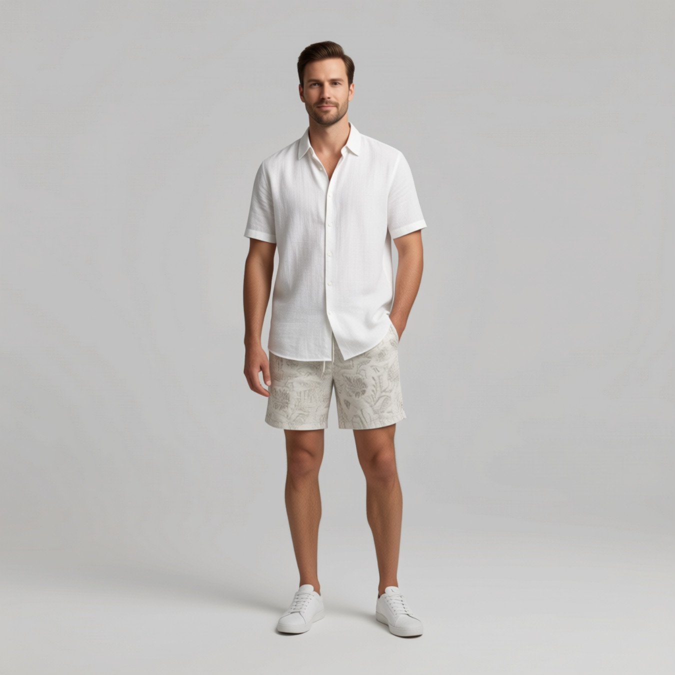 Maison Article Men’s Small Woven Shorts Toile Nature Print Drawstring Cream Tan