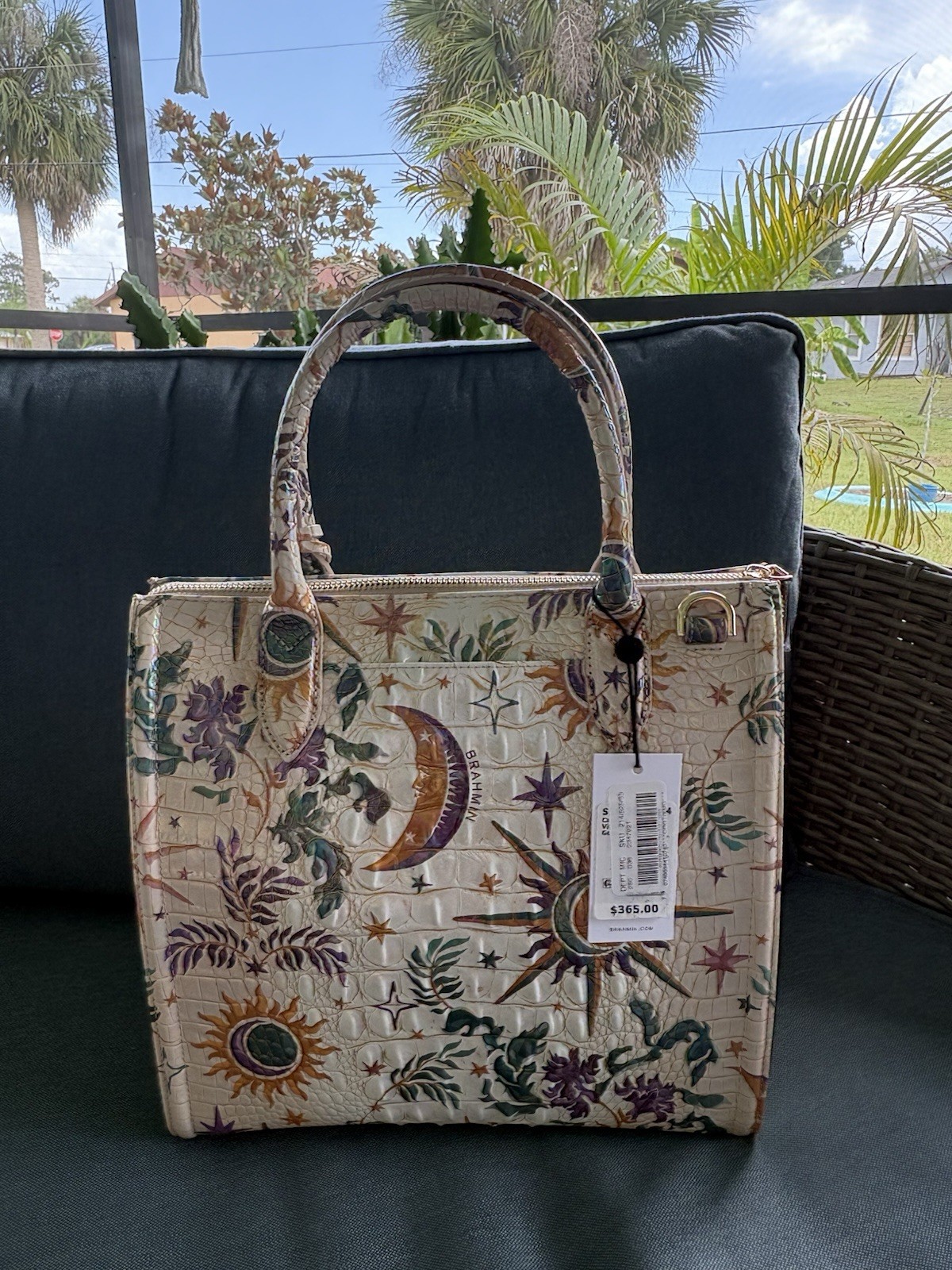 Brahmin Embossed Floral Celestial MoonSatchel Top Handle Gold Detachable Strap