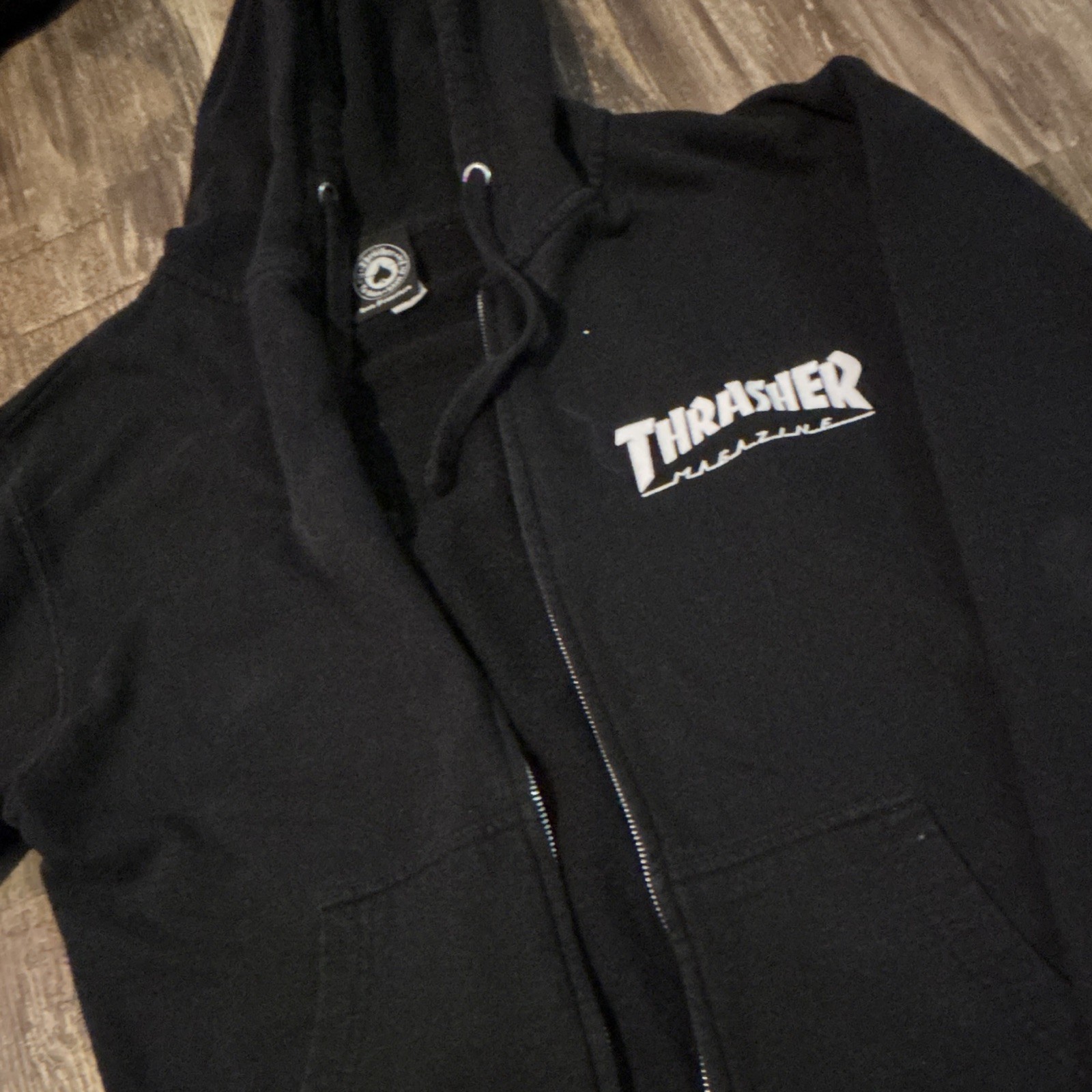 Thrasher Men’s Hoodie Sweatshirt Size S Black Full Zip Logo Hooded Pockets