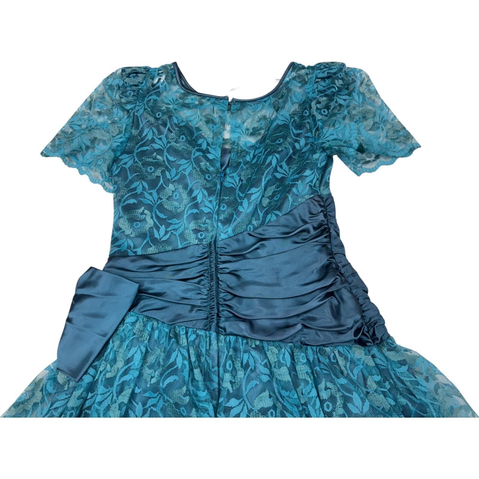 Vitnage 70s Teal Floral Lace Short Sleeve Midi Formal Prom Dress Sz 11/12