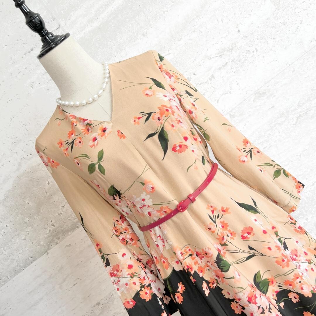 MaxMara Silk Floral Asymmetrical Long Dress Leather Belt Auth