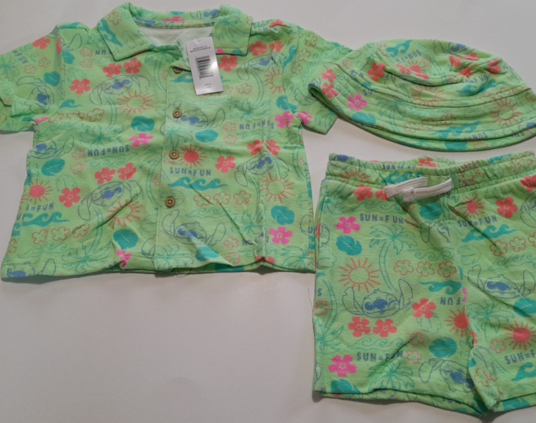 Disney Lilo & Stitch 3-Piece Set 24 Months Button Shirt Shorts Hat NWT