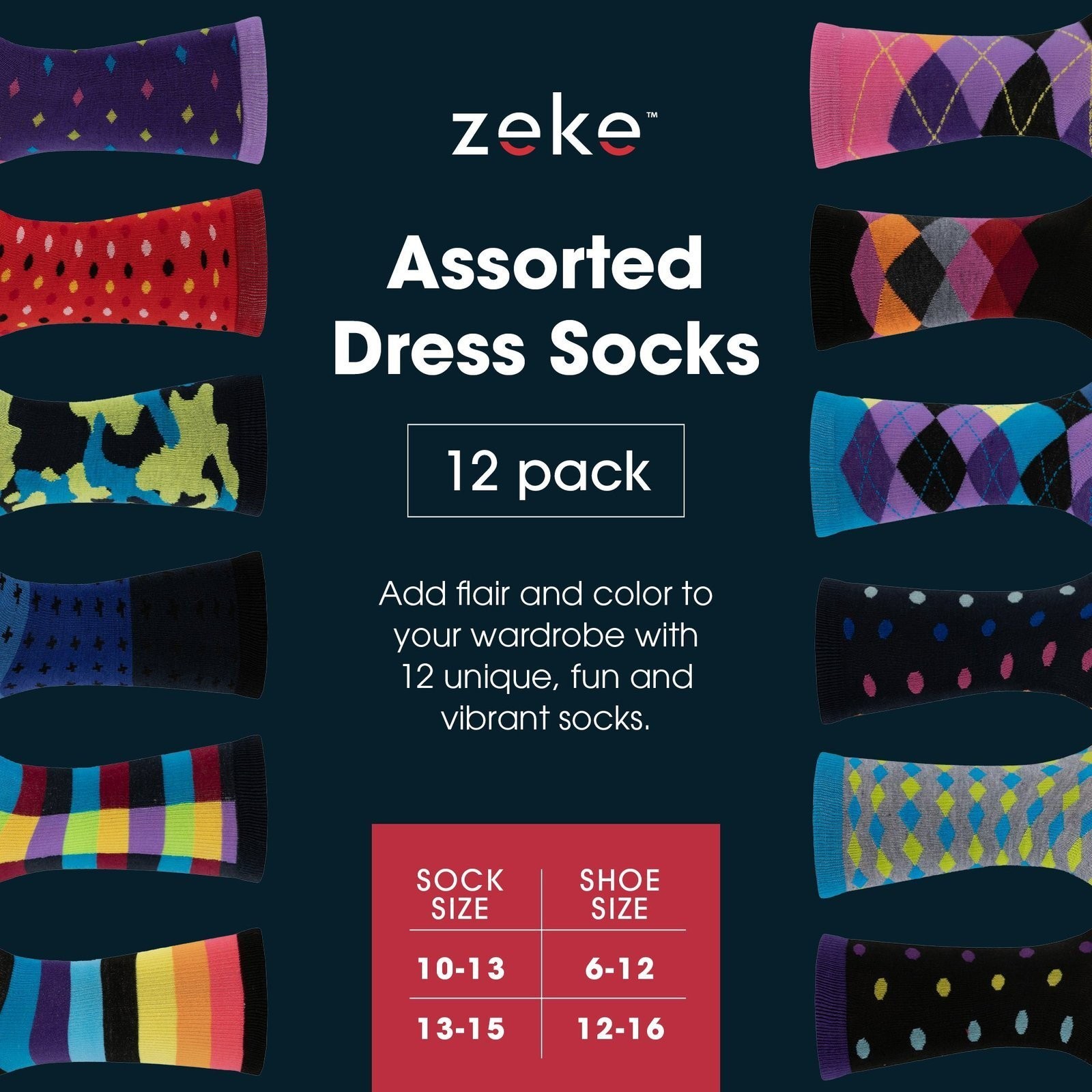 ZEKE Men’s Dress Socks Funky Fun Colorful Crew Socks 12 Assorted Patterns