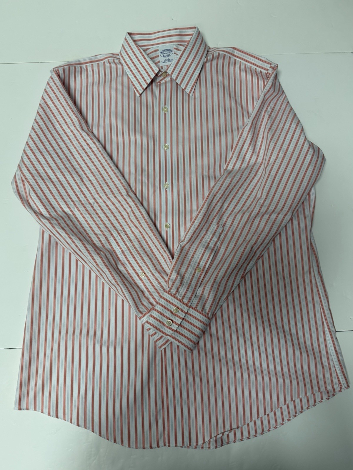 Men’s Brooks Brothers 16.5/34 Dress Long Sleeve Striped Coral Pink White Blue