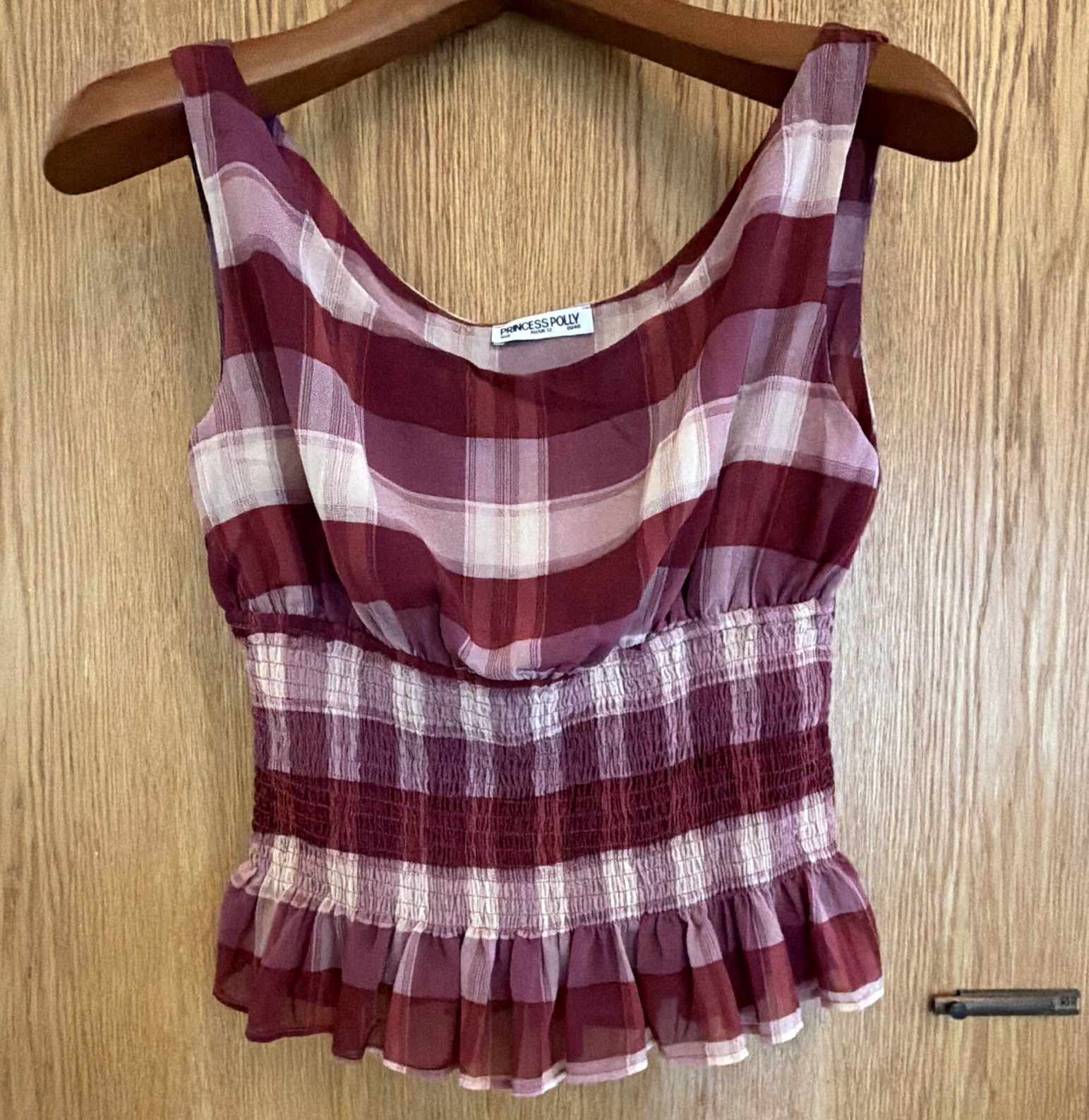 Princess Polly Burgundy Pink Plaid Smocked Ruffle Peplum Tank Top 8 Polyester