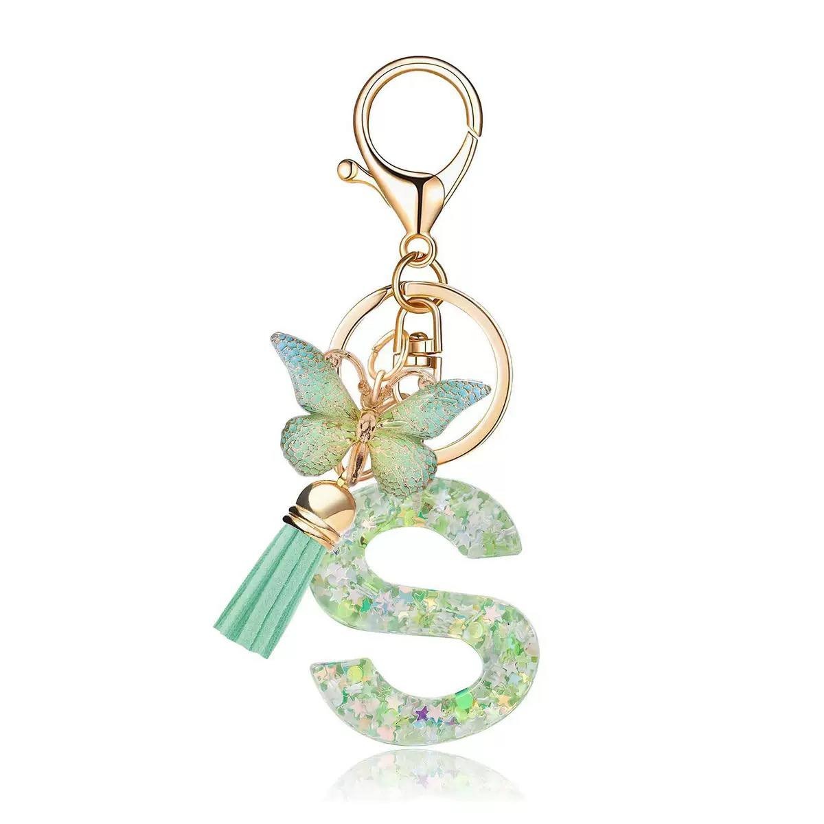 S Letter Green Butterfly Resin Keychain Bag Charm Gift for Friend 12cm