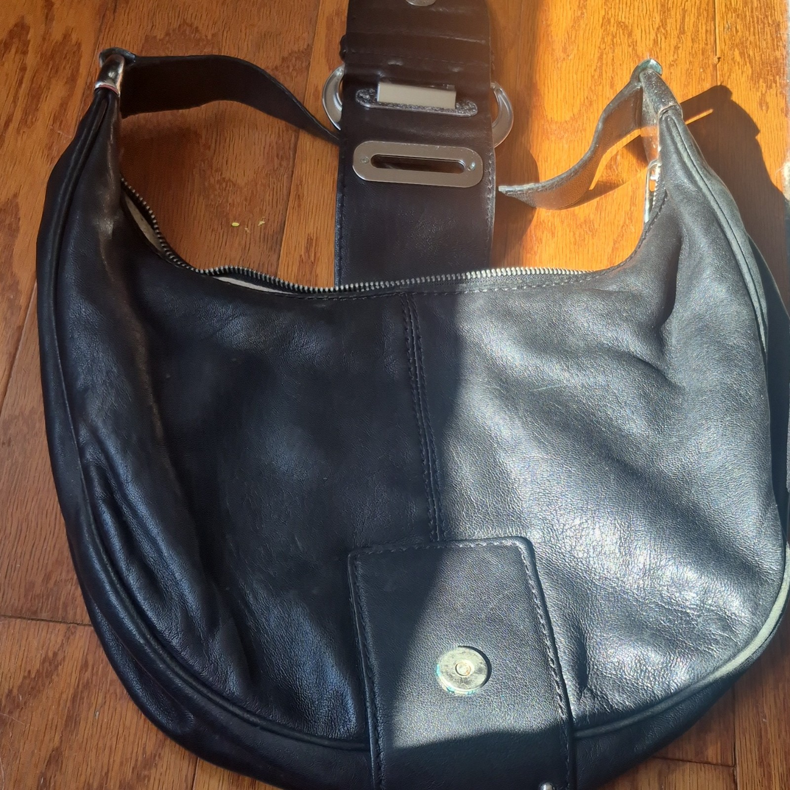 Michael Kors Black Crescent Shoulder Bag Silver Hardware Buckle Zipper Accent