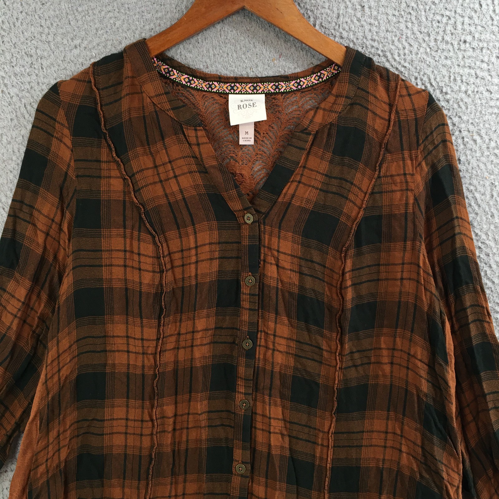 Knox Rose Plaid Button Up Shirt Womens M Lace Hi-Low Back Roll Tab Sleeve Brown