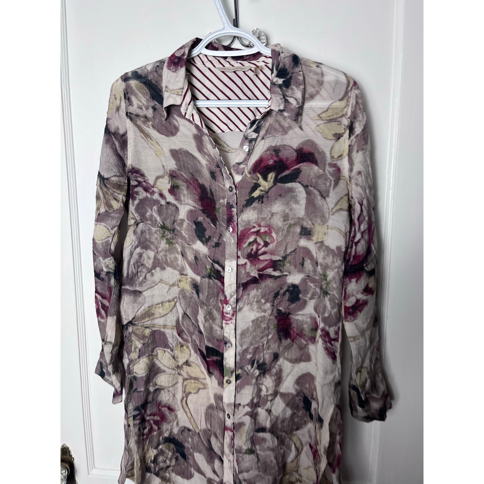 Soft Surroundings Floral Purple Beige Long Sleeve Flowy Boho Tunic Top SZ Small
