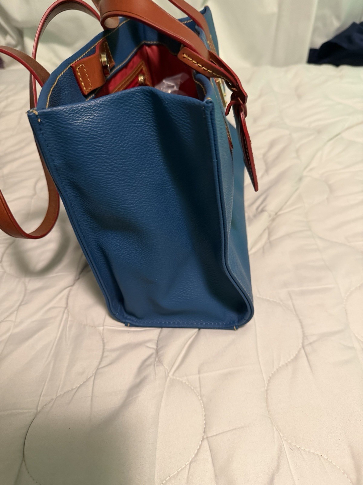 Dooney & Bourke Medium Blue Tote, Brown Double Handles, Zip, Charm, Red Lining