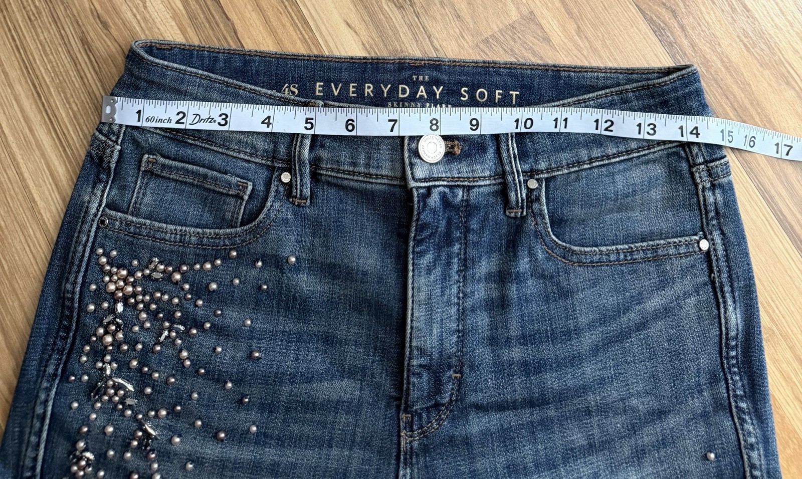 White House Black Market High Rise Embellished Skinny Flare Jeans Dark Blue 4S
