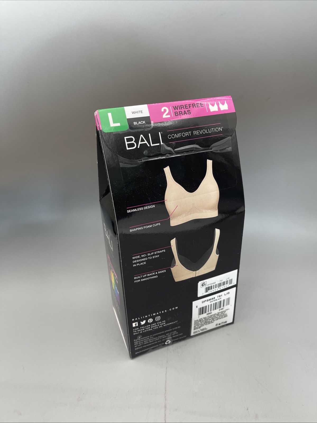 2 Bali Comfort Revolution Wire Free Shaping Bra White/Black Large New