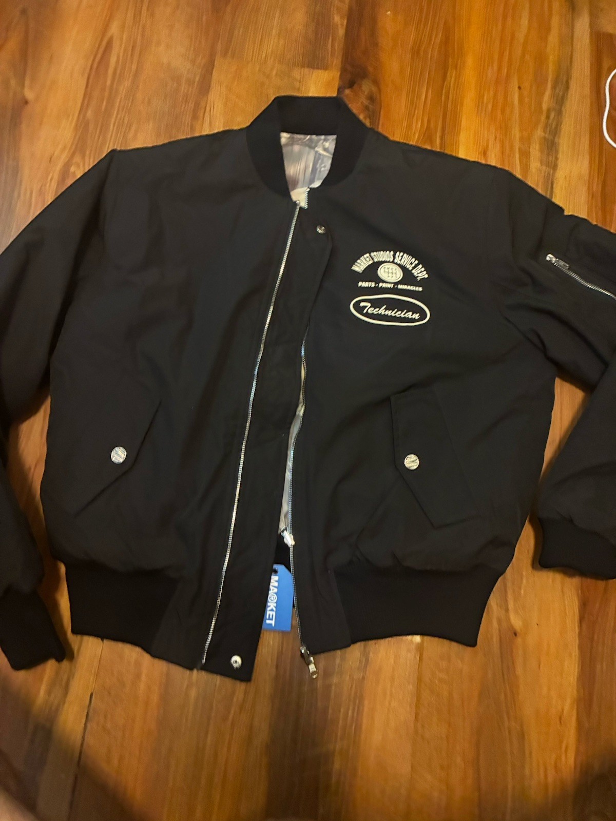 MARKET Reversible Full-Zip Bomber Jacket Black/Camo Stand-Up Collar Logo SIZE L