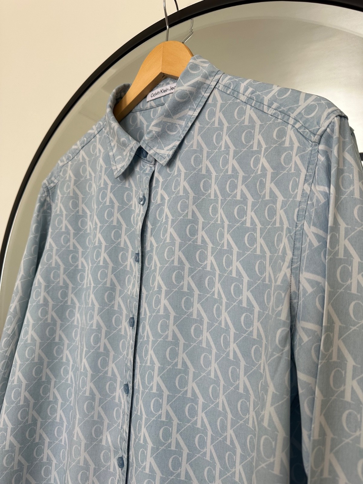 Calvin Klein Jeans cK Monogram Logo All Over Print Blue Lyocell Shirt Size M