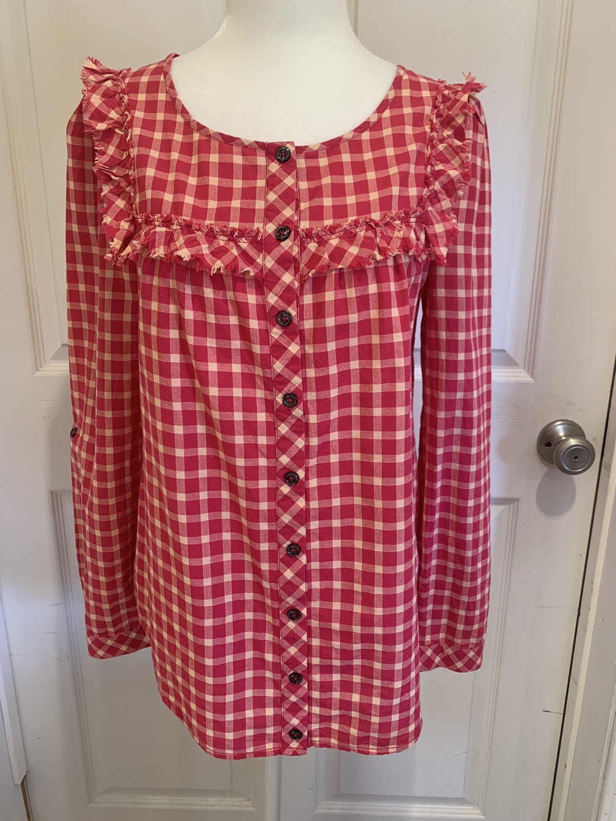 Holding Horses Anthropologie Women’s Top Size 2 Pink Cream Plaid Raw Ruffled