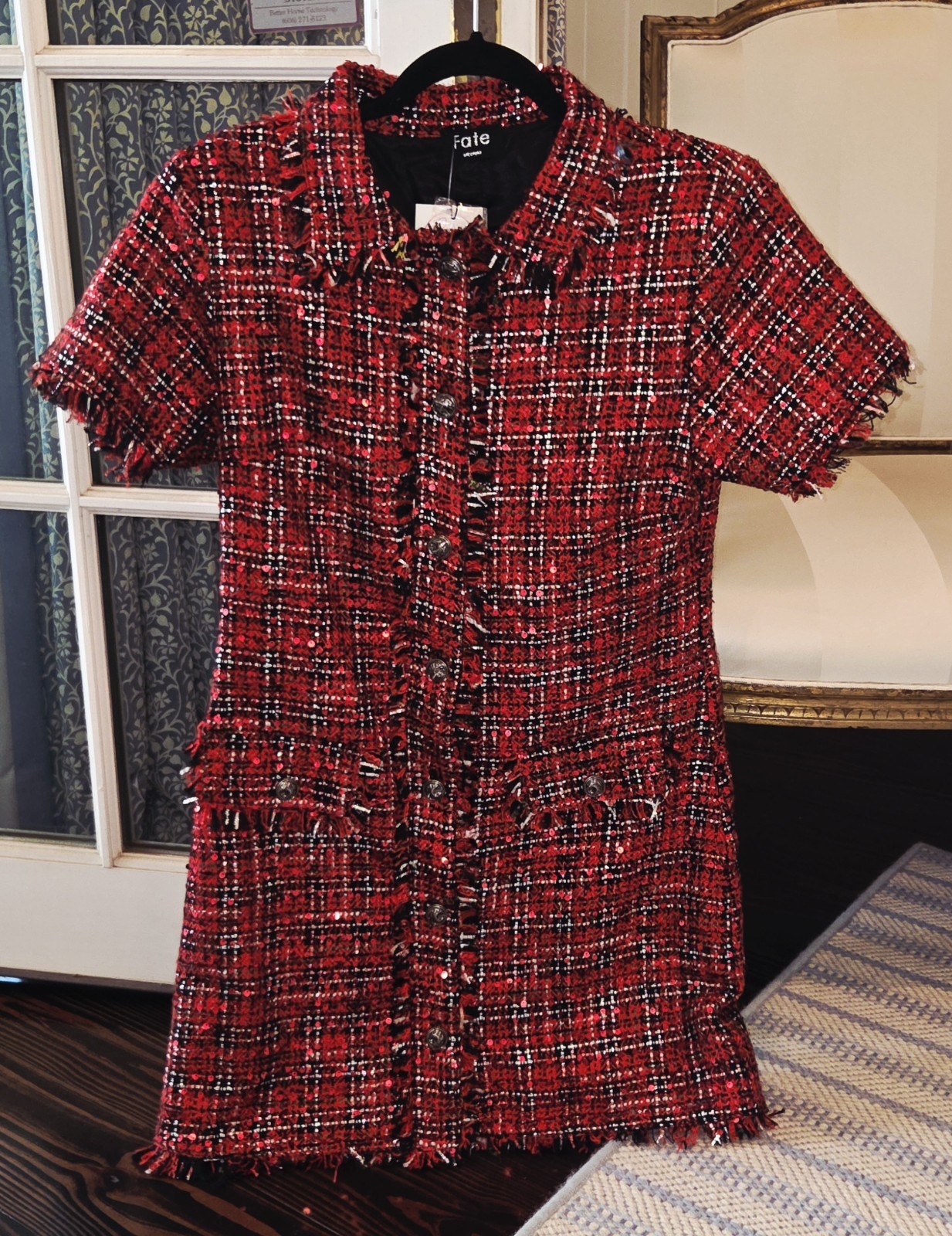 Fate Red Tweed Short Sleeve Shift Dress Sz Med