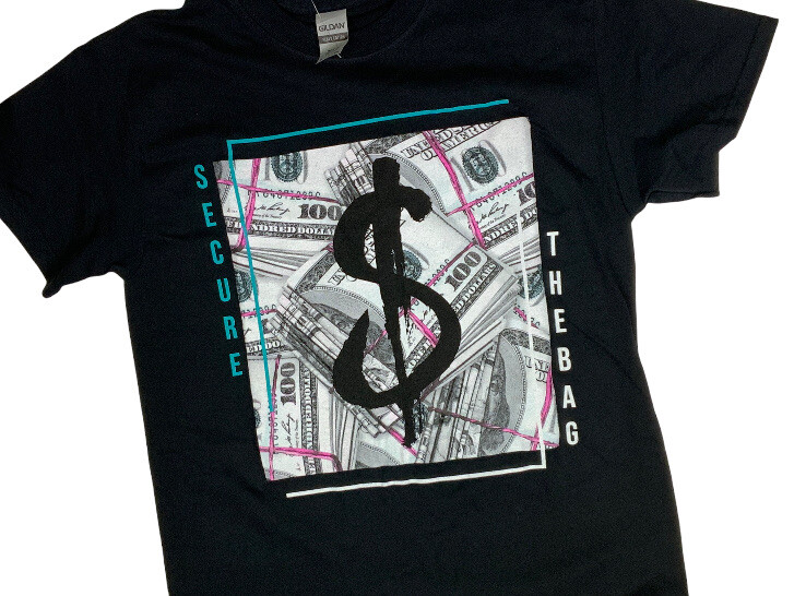 “Secure The Bag” Black Short Sleeve T-shirt Money $100 Bills Size S NEW Men’s