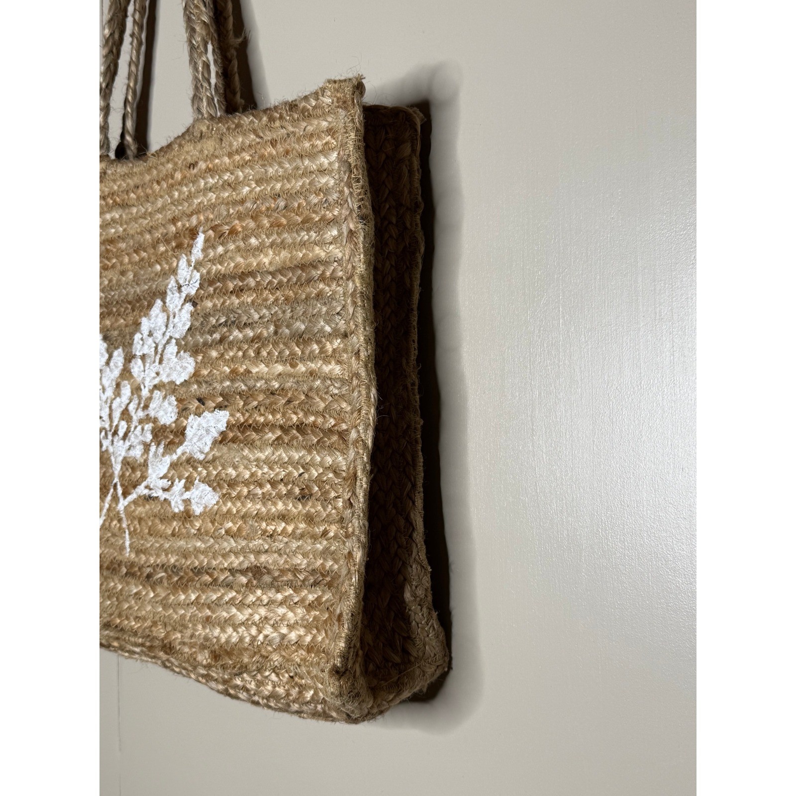 BLarge Woven Jute Tote Bag Botanical Print Boho Coastal Market Bag