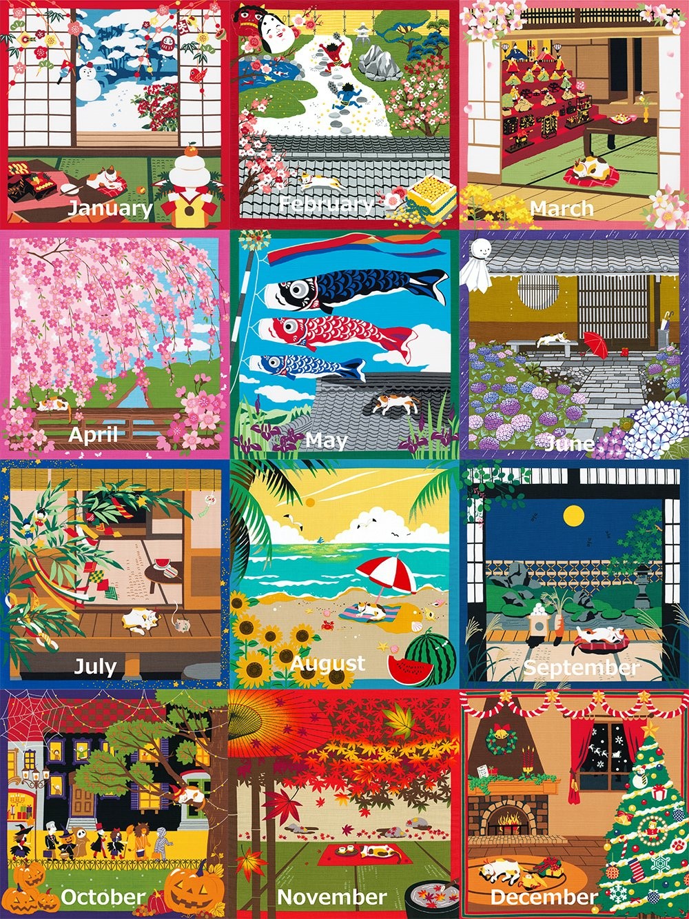 Japanese Wrapping Cloth Cat Carp Streamer May in Japan Fabric 19.7 x 19.7 Inch