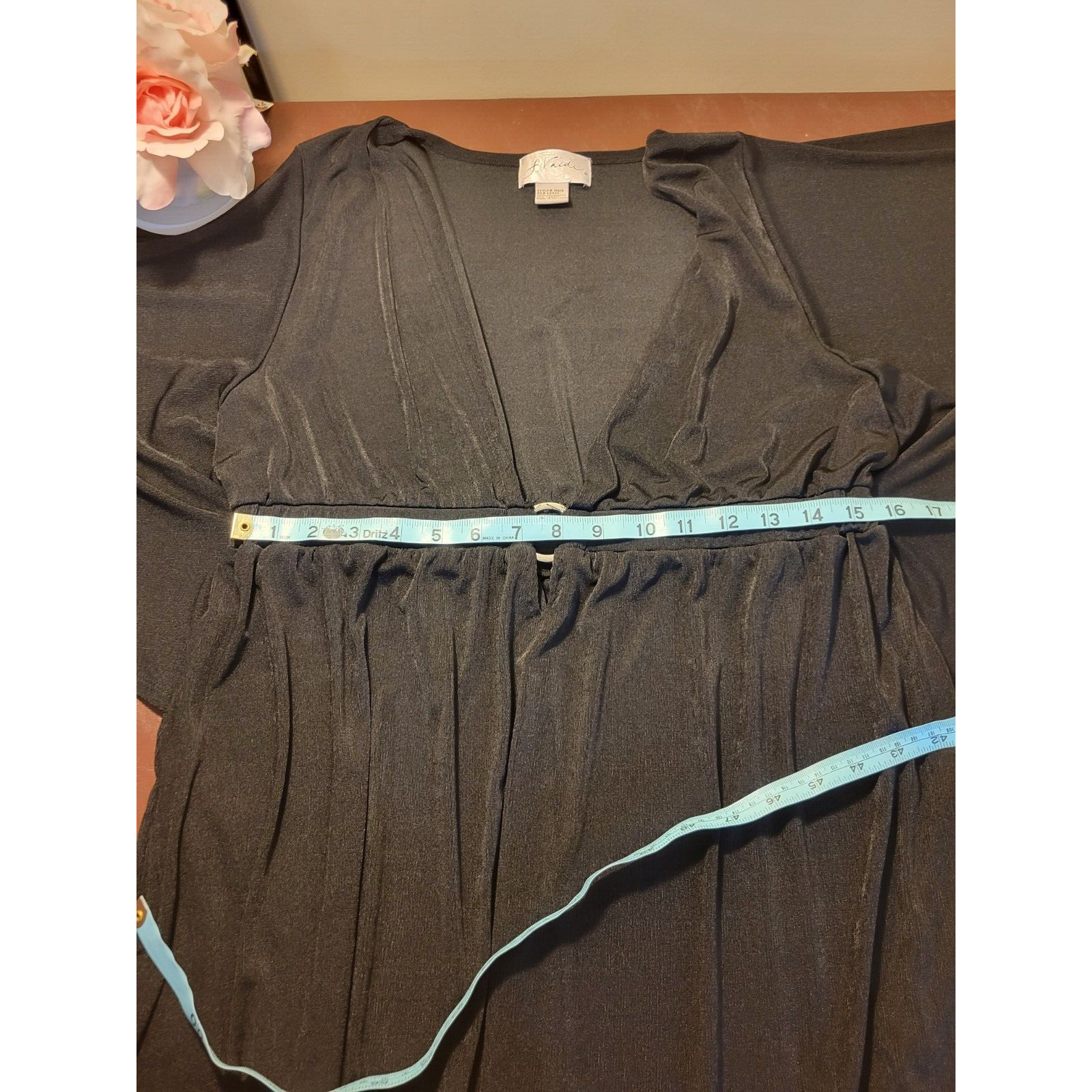 J. Valdi batwing Sleeve Tunic Top Black Slinky Plunge V-Neck Sheer 3/4 Sz Large