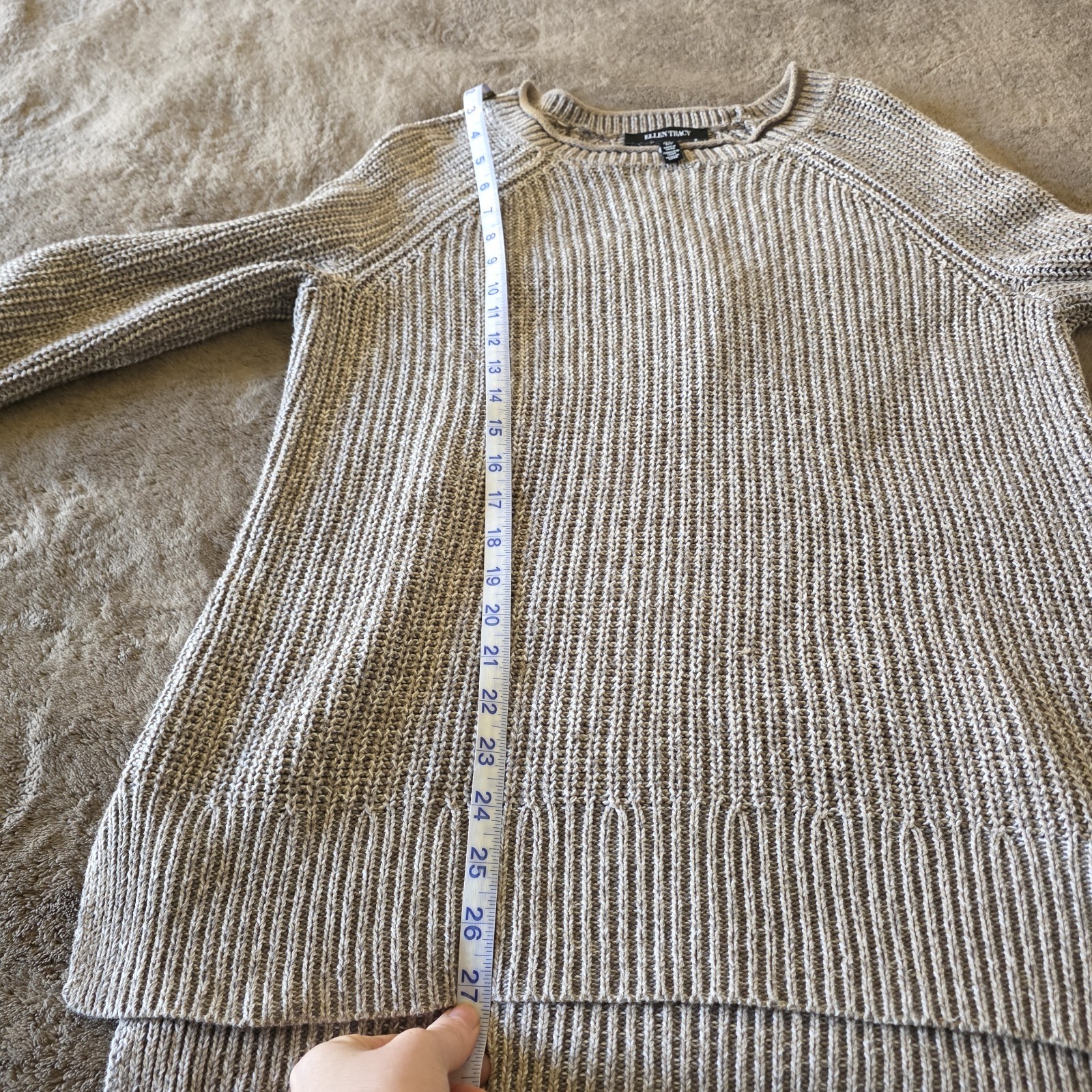Ellen Tracy Oatmeal Marl Sweater Womens Small Ribbed Knit Cotton Pullover