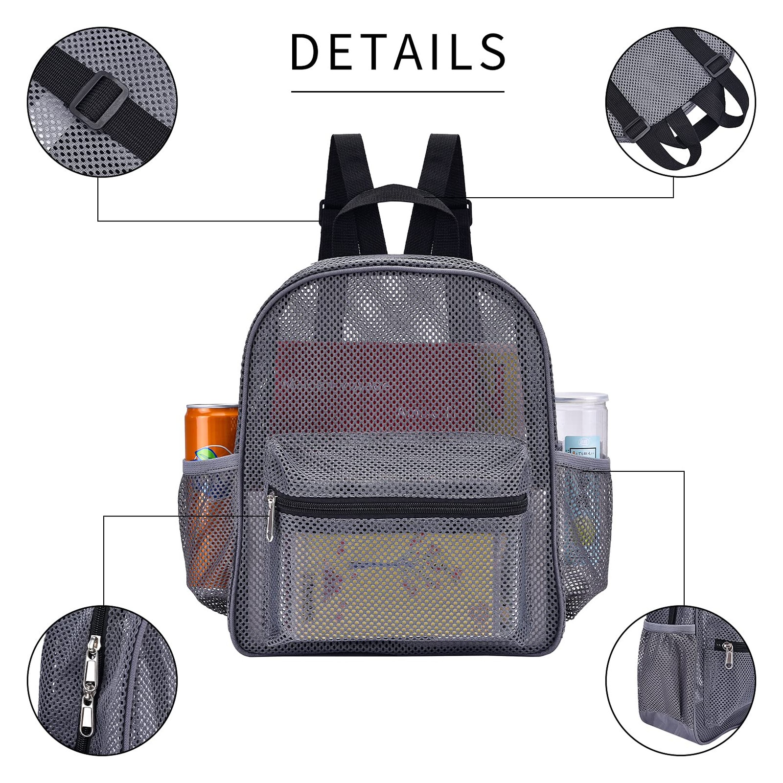 MAY TREE Grey Mesh Backpack for School, Beach, 10*4.5*12 inches, Grey-5