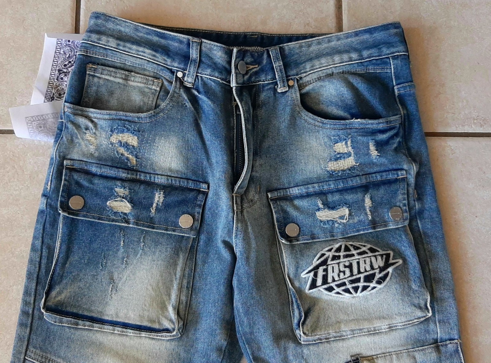 First Row Jeans Men 32/32 Distressed Patches Skinny Hip Hop Skater Streetwear B2