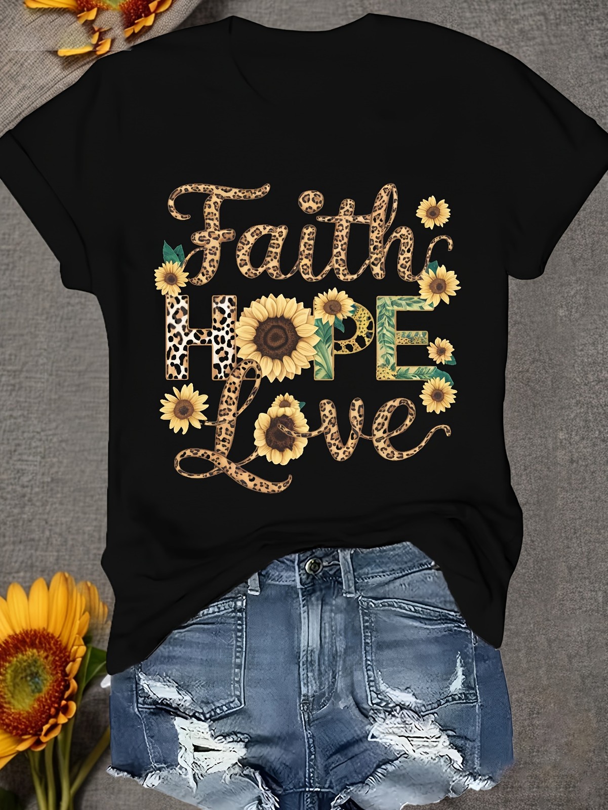 Women’s Faith Hope Love Sunflower Heart Graphic T-Shirt Christian Casual Tee