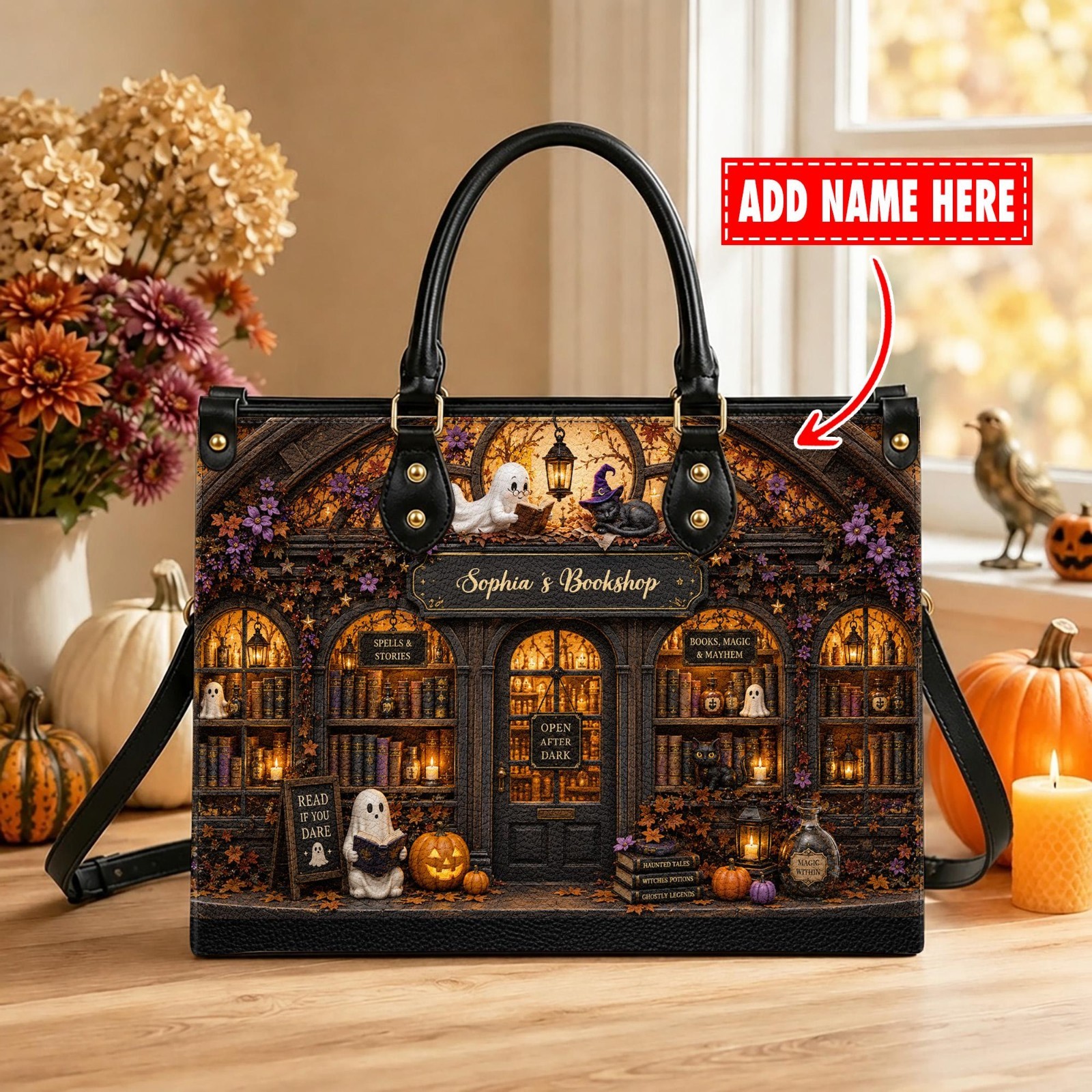 Personalized Halloween Bookshop Leather Handbag, Custom Name Ghost and Black Cat