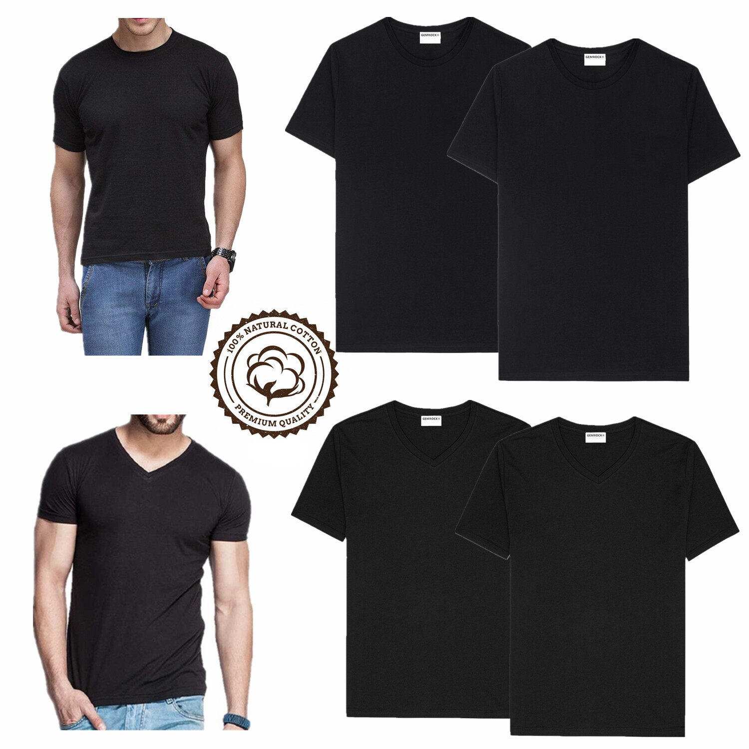 3 or 6Pcs Black Men 100% Cotton Crew-Neck V-Neck Thick T-Shirt Casual Tee S-4XL