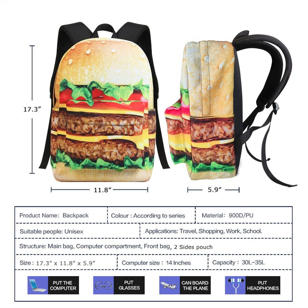 17.3 Inch School Backpack Middle School Kids Hamburger Laptop Book Bag