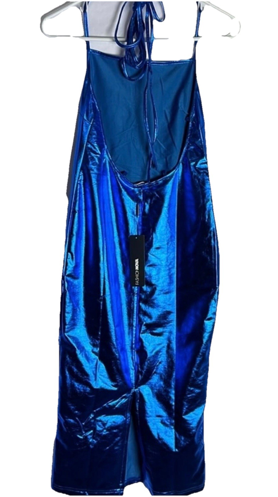 Fashion Nova Blue Satin Cowl Neck Strappy Backless Bodycon Midi Dress Womens S