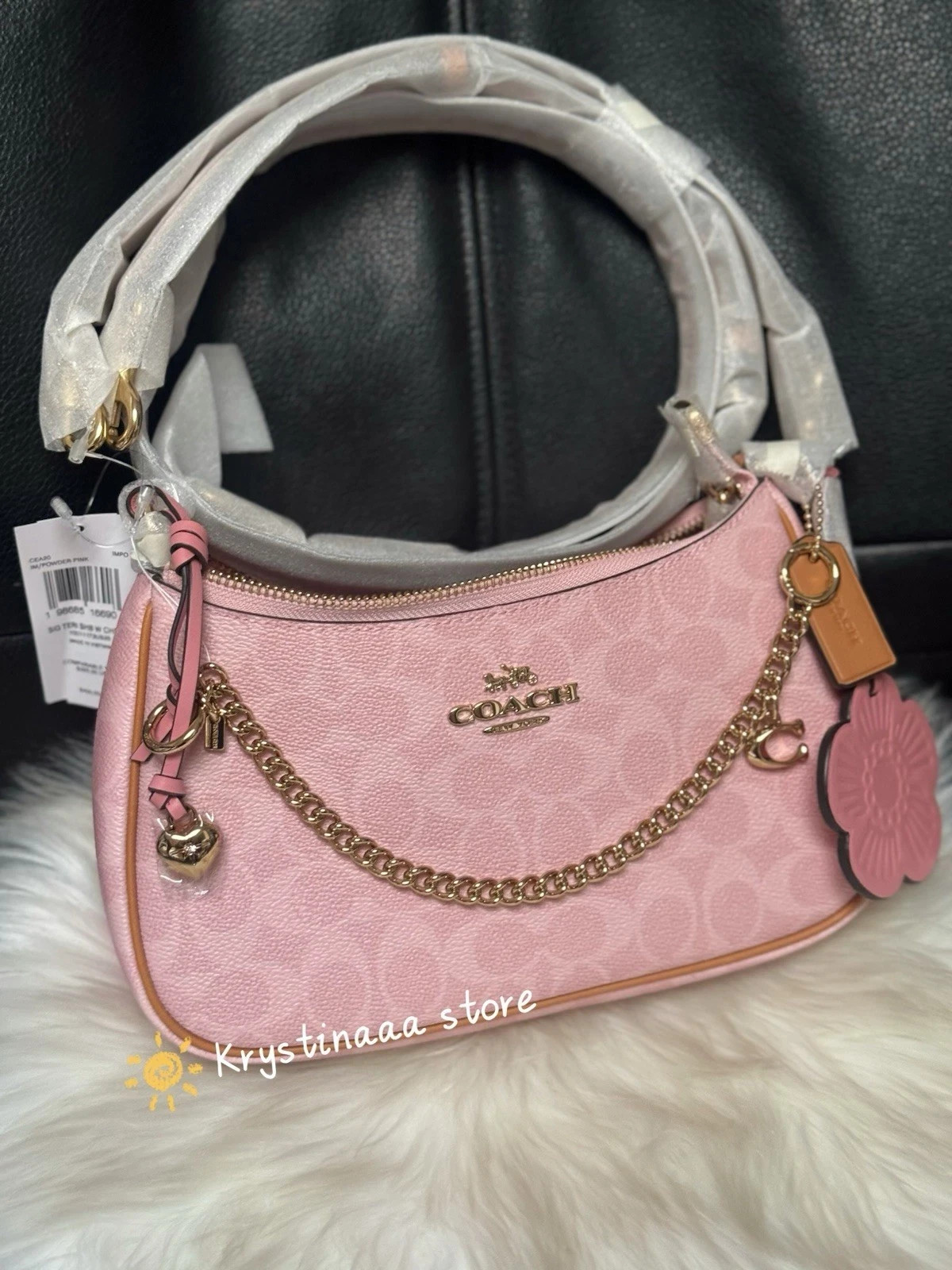 NWT Coach Gold Powder Pink Teri Shoulder Bag Signature with Charms CEA20