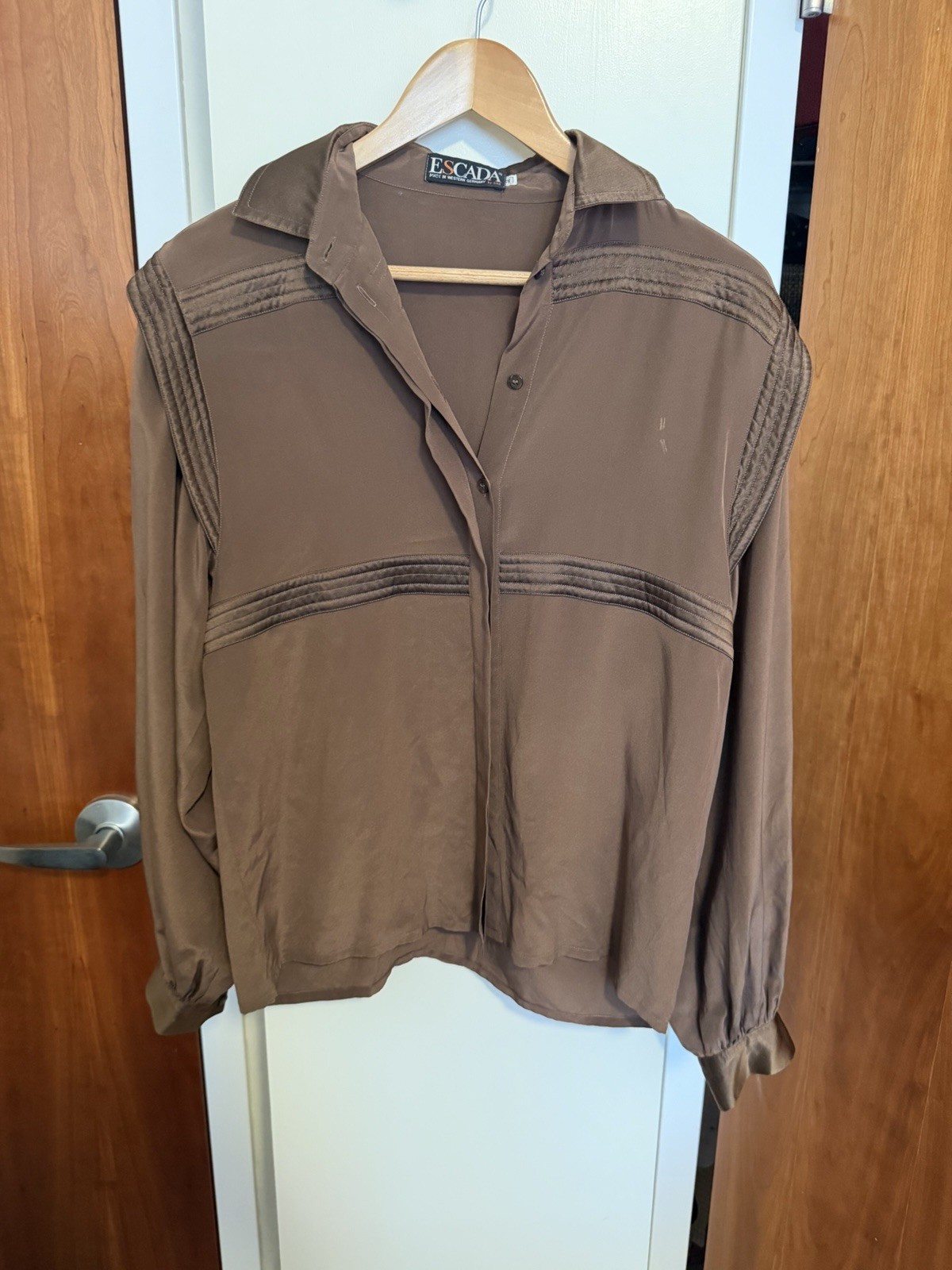 Vintage Escada Brown Silk Blouse – Puff Sleeve, Women’s Medium
