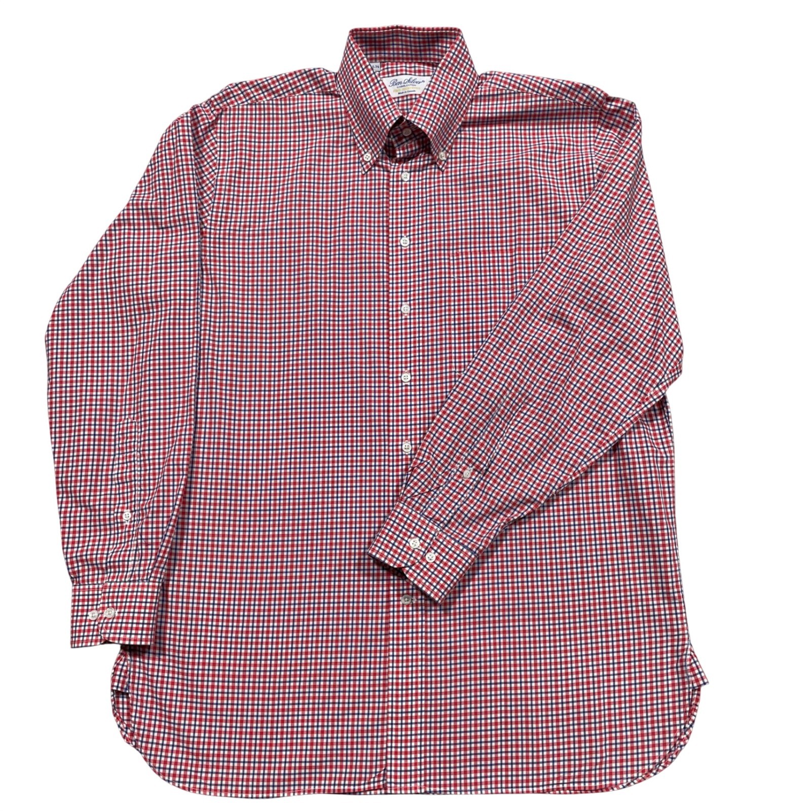 Ben Silver Charleston Mens 15.5 34 Tattersall Check Button Down Shirt Red Blue