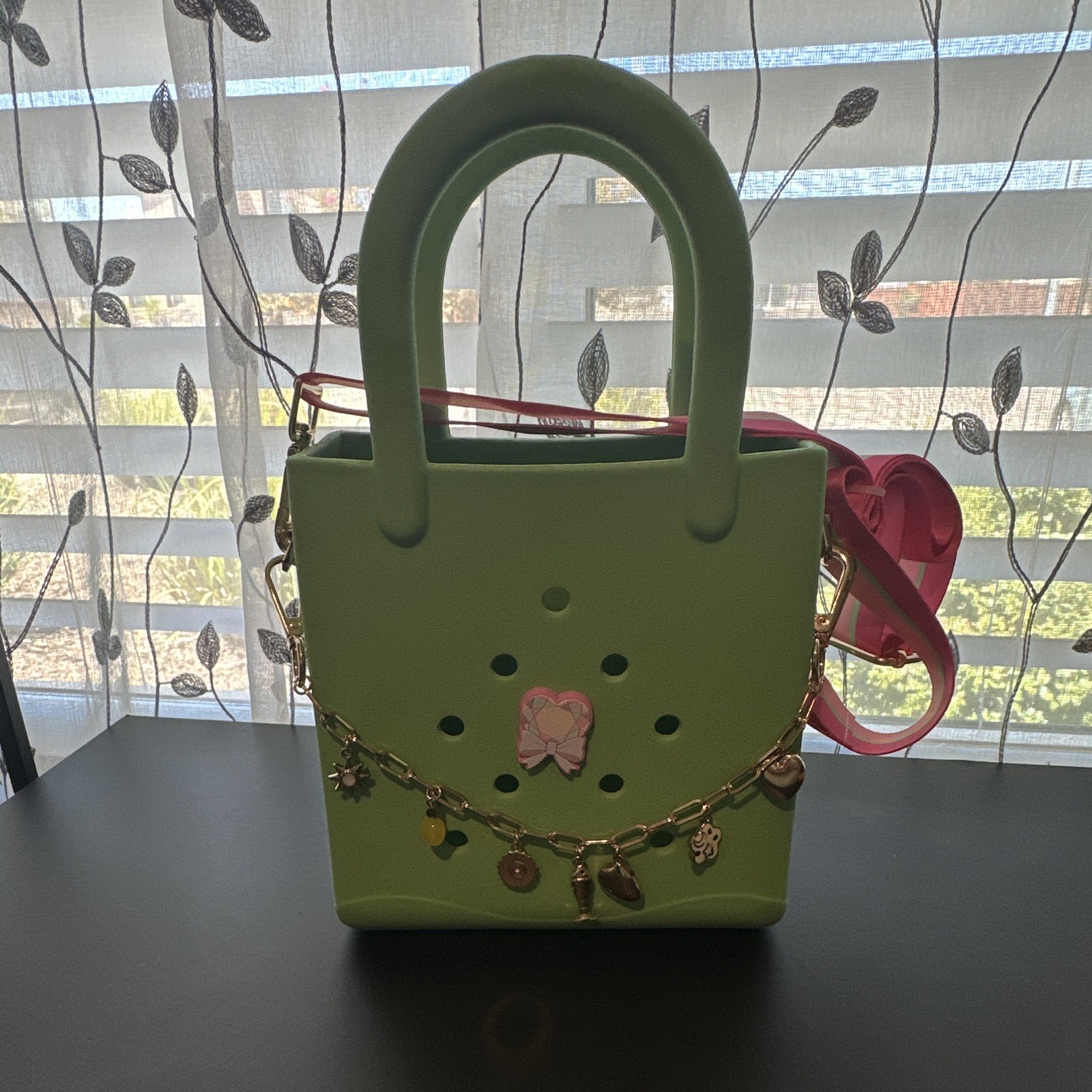 Green Satchel Top Handle Bag Adjustable Detachable Pink Strap Charms Gold.