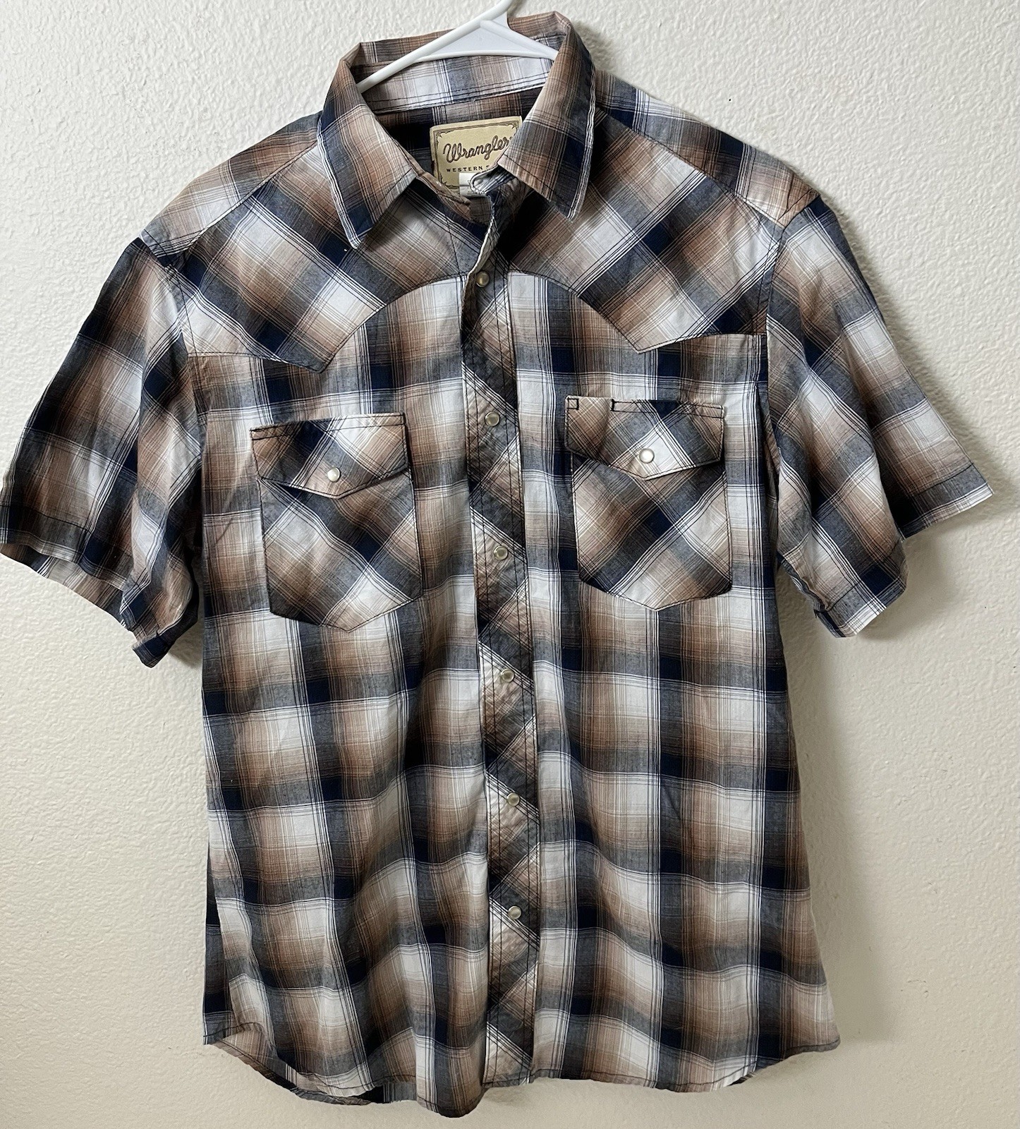 Wrangler Western Shirt Plaid Brown/Blue/White Short Sleeve Button Pockets M