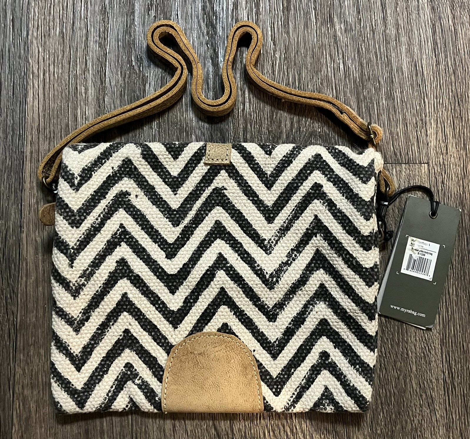 Myra Devious Brown Leather Chevron Canvas Calf Hair Shoulder Bag Purse NWT