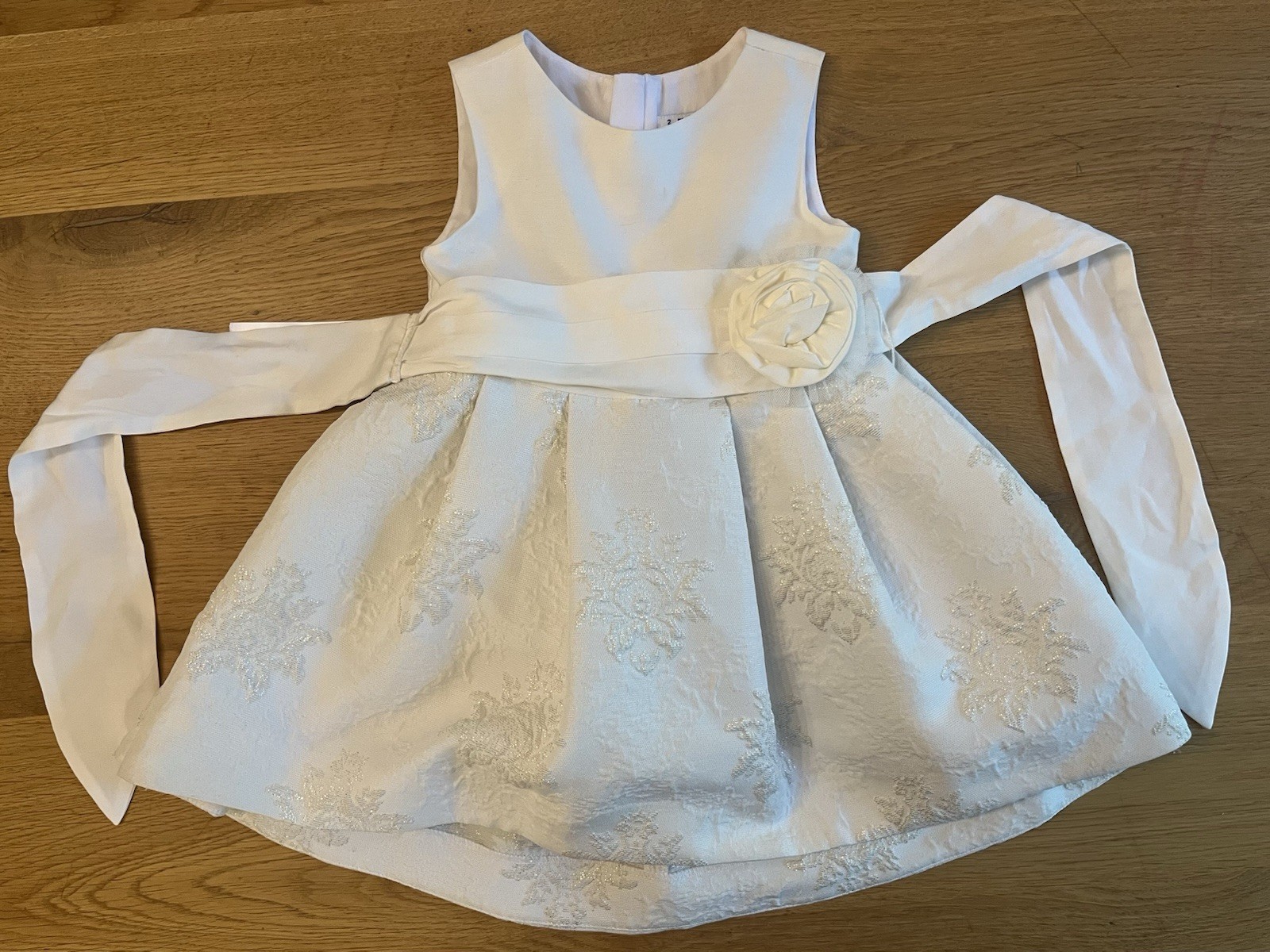 Mayoral White Baby Dress With Shimmer Embroidery And Sash, Size 2