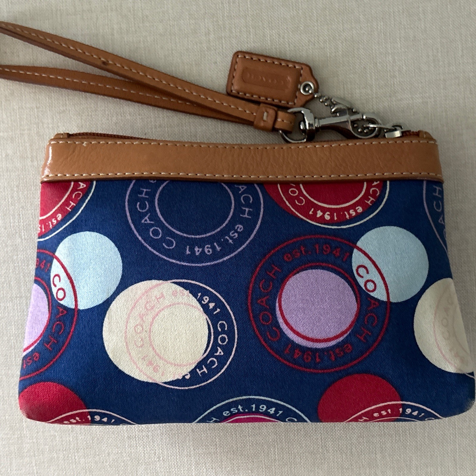 COACH Polka Dot Leah F14667 Red White & Blue Satin Large Wristlet Tan Leather