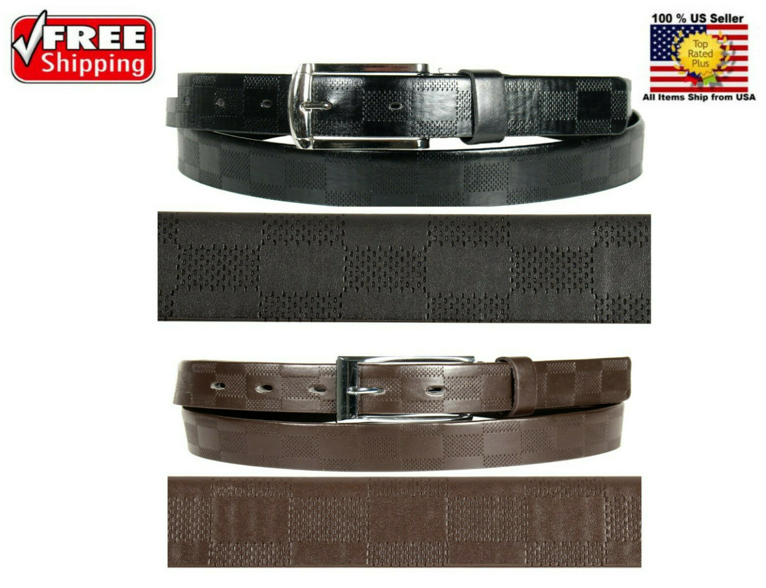 MEN BLACK / BROWN LEATHER BELT EMBOSS CHECKERS CHROME METAL BELT BUCKLE